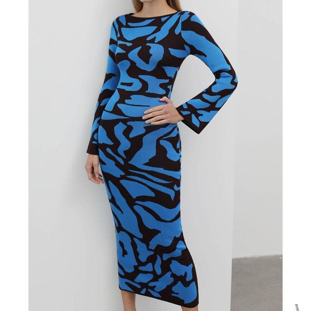 Commense Blue Jacquard Print Midi Dress Long Sleeve Medium